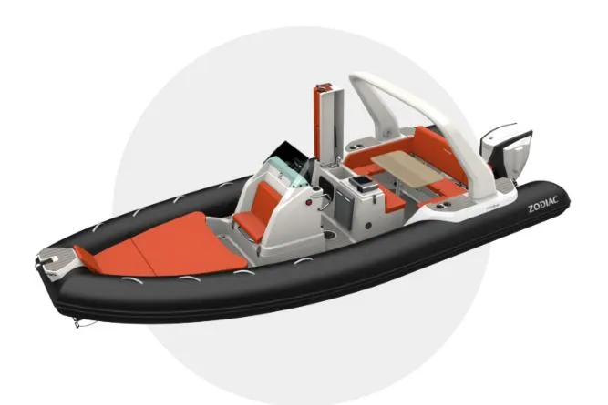 Slide: The Image of Manufacturer Provided Image: 2026 Zodiac Medline 7.5 inflatable boat with orange seating. - 2