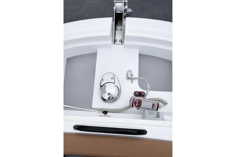 Slide: The Image of 2024 Beneteau Flyer 8 SPACEdeck boat deck with control panel and chrome fittings. - 11