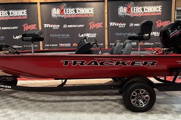 The Image of 2026 Tracker Pro Team 195 Tournament Edition boat on display at Angler's Choice event. - 1