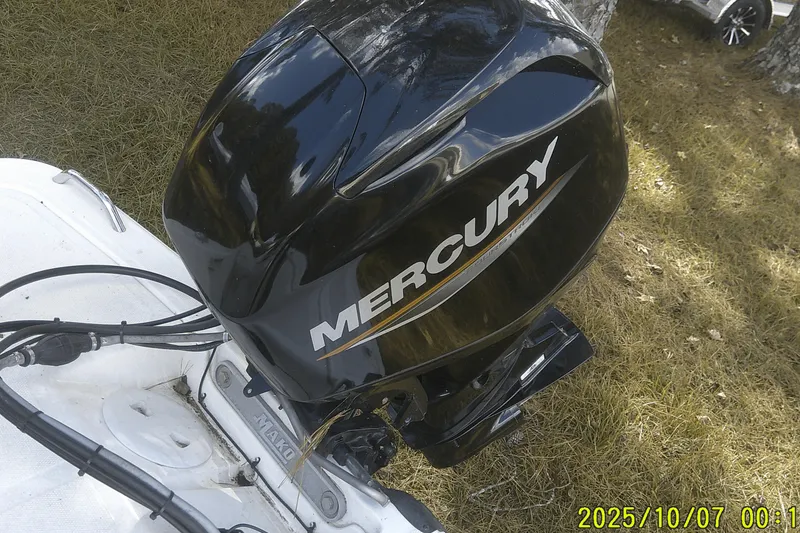 Slide: The Image of 2024 Mako Pro Skiff 15 CC with Mercury outboard motor on grassy surface. - 30