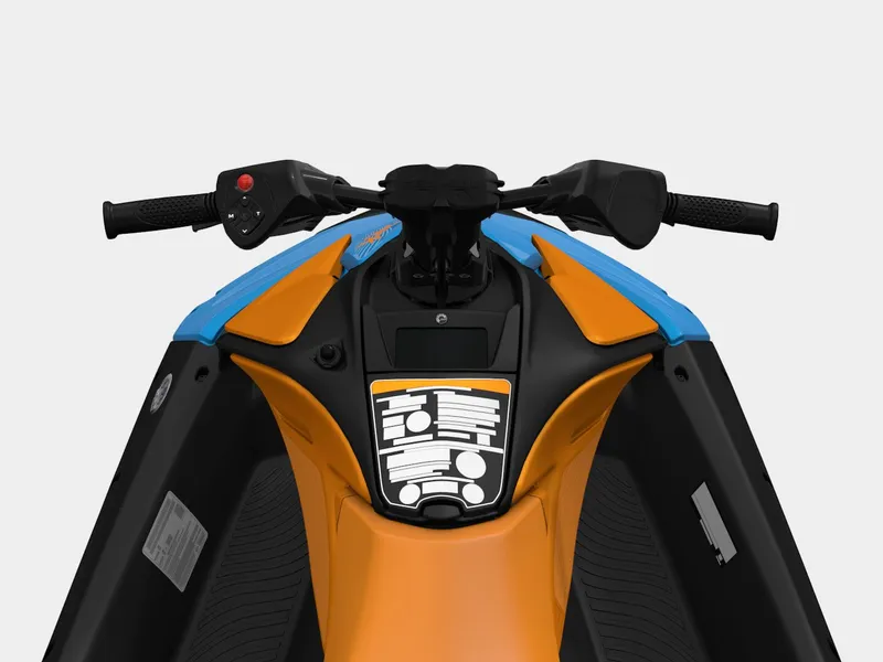 Slide: The Image of 2026 Sea-Doo Spark Trixx jet ski, orange and blue, handlebar view. - 5