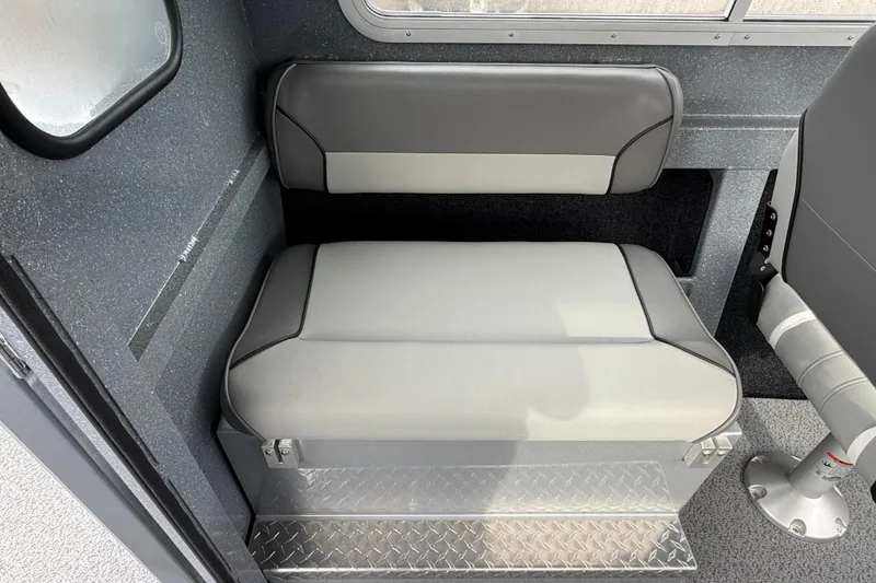 Slide: The Image of Interior seating of 2026 KingFisher 2025 Escape HTT boat, featuring gray cushioned bench. - 35