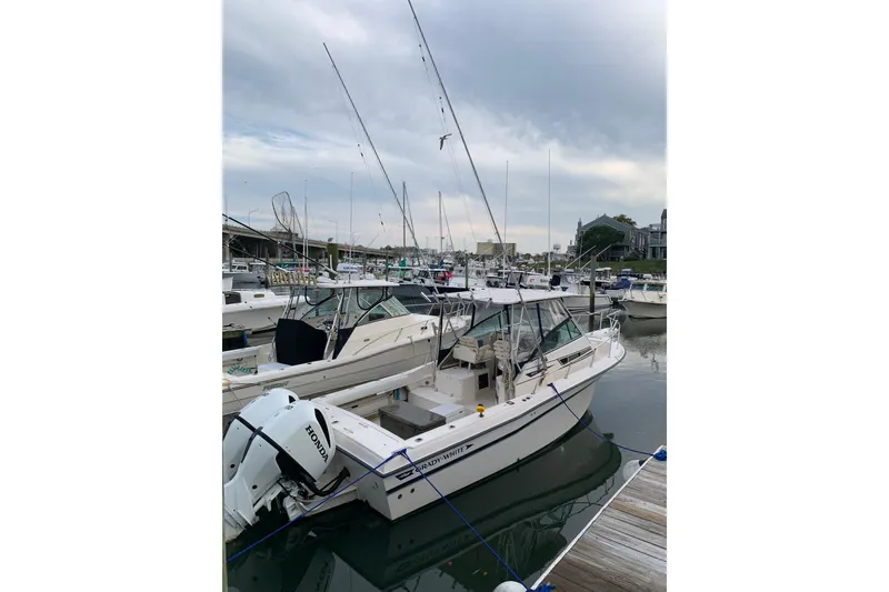 The Image of 1992 Grady-White Dolphin 251 boat docked at marina with fishing rods. - 0