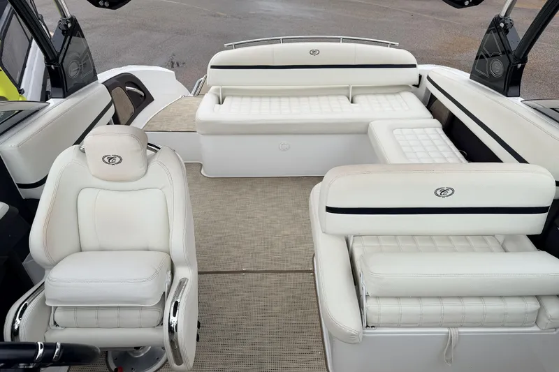 Slide: The Image of 2019 Cobalt R5 Surf boat interior with luxurious white seating and modern design. - 34