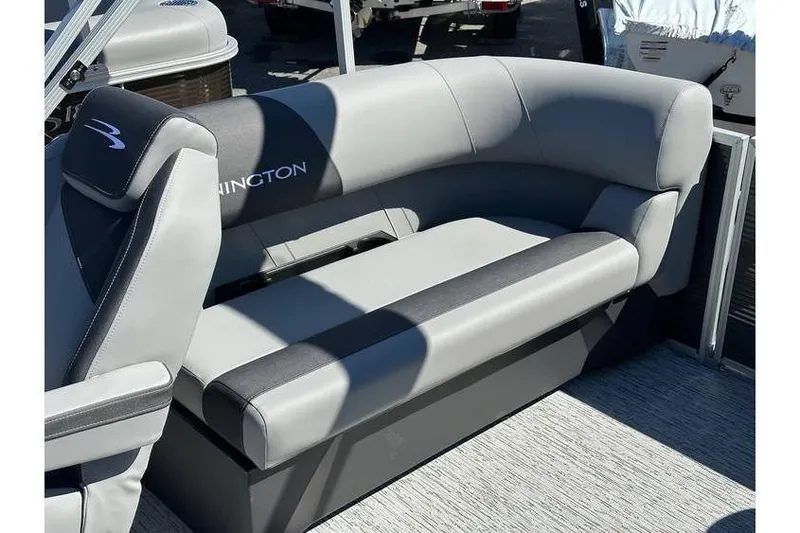 Slide: The Image of 2026 Bennington 20 SSR Quad Bench with Yamaha 90Hp, featuring sleek gray seating. - 14