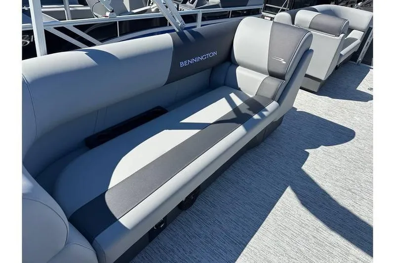 Slide: The Image of 2026 Bennington 20 SSR Quad Bench with Yamaha 90Hp, featuring sleek gray seating. - 7
