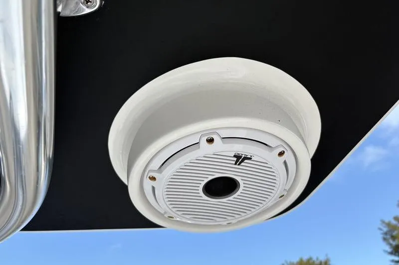 Slide: The Image of Close-up of a 2020 Islamorada 24 Morada boat speaker against a blue sky. - 17