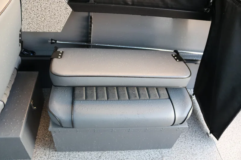Slide: The Image of 2026 Alumaweld Stryker 202 boat interior with gray cushioned seating. - 18