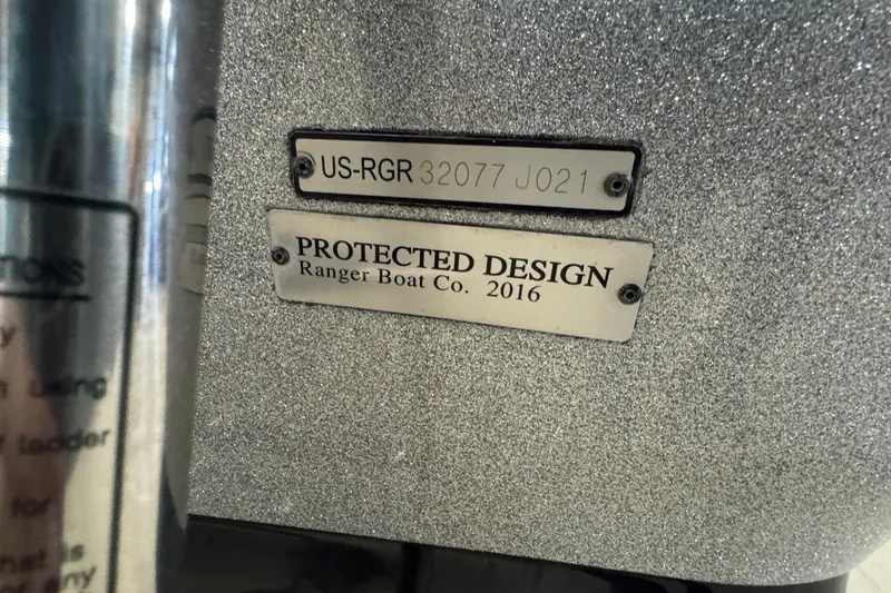 Slide: The Image of 2021 Ranger 1880MS boat with protected design plates, serial number visible. - 6