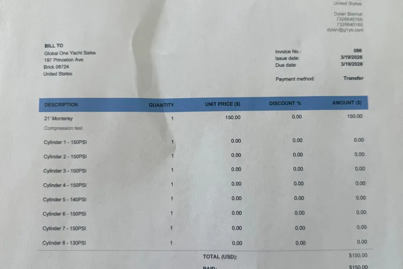 Slide: The Image of Invoice for 2009 Monterey 214FS compression test, detailing cylinder PSI readings and costs. - 22
