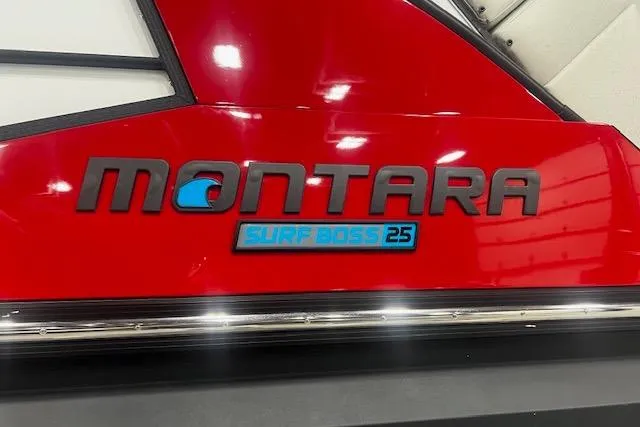 Slide: The Image of 2023 Montara 25 Surf Boss 2.0 CW logo on a sleek red surface. - 3