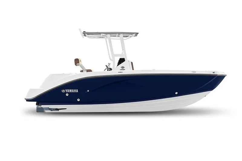 Slide: The Image of Manufacturer Provided Image: 2026 Yamaha Boats 222 FSH Sport, sleek blue and white design, side view. - 8