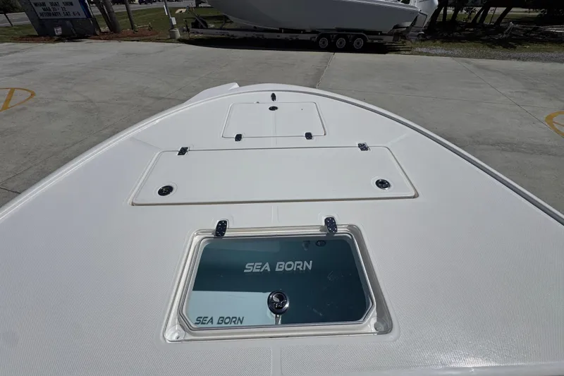 Slide: The Image of 2026 Sea Born FX25 Bay boat deck with storage compartments and logo. - 19