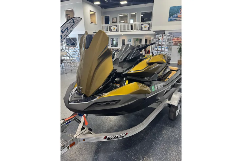 Slide: The Image of 2023 Kawasaki Ultra LX jet ski in showroom on a trailer. - 20