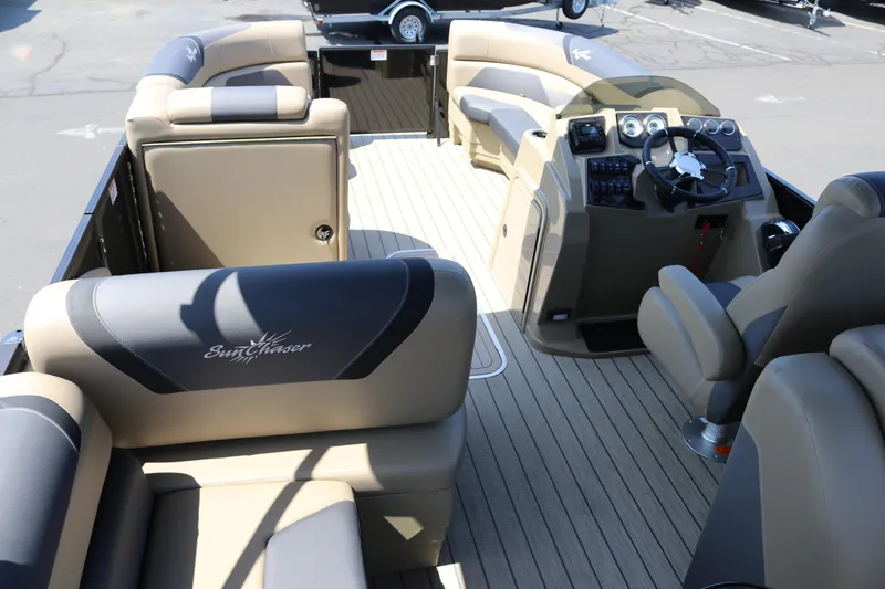 Slide: The Image of Interior of 2025 SunChaser Geneva Sport 23 LR PSB pontoon boat with luxurious seating. - 22