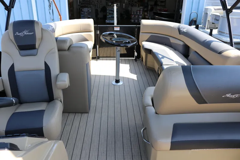 Slide: The Image of Interior of 2025 SunChaser Geneva Sport 23 LR PSB pontoon boat with luxurious seating. - 7