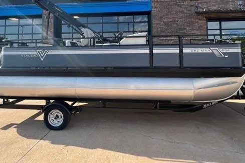 The Image of 2023 Viaggio Del Mar D20F pontoon boat on trailer, parked outdoors. - 0