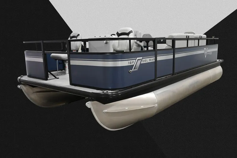 Slide: The Image of Manufacturer Provided Image: 2023 Viaggio Del Mar F pontoon boat, sleek design, blue and silver accents. - 16