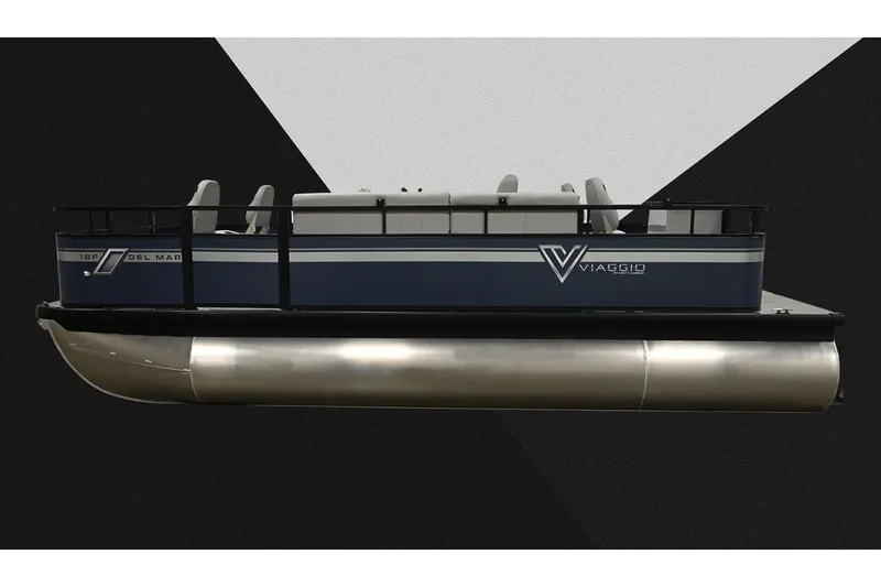 Slide: The Image of Manufacturer Provided Image: 2023 Viaggio Del Mar F pontoon boat, sleek design, side view, black and silver color scheme. - 17