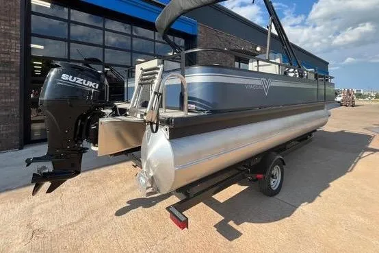 Slide: The Image of 2023 Viaggio Del Mar D20F pontoon boat with Suzuki outboard motor on trailer. - 3