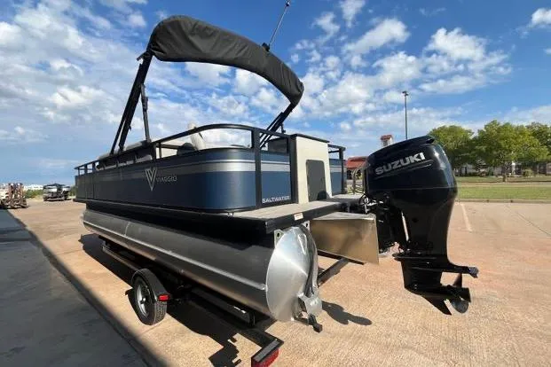 Slide: The Image of 2023 Viaggio Del Mar D20F pontoon boat with Suzuki outboard motor on trailer. - 5