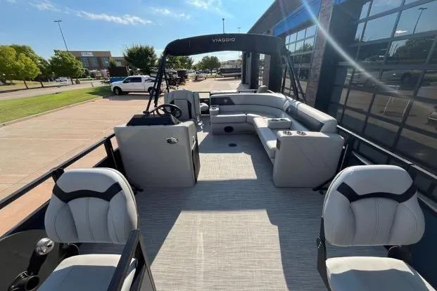 Slide: The Image of 2023 Viaggio Del Mar D20F pontoon boat with spacious seating and modern design. - 7