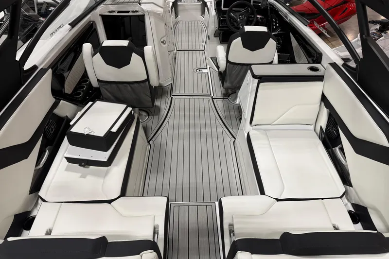 Slide: The Image of 2026 Yamaha Boats 252SD interior with sleek seating and modern design. - 2