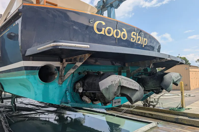 Slide: The Image of 1998 Little Harbor WhisperJet 55 boat named "Good Ship" on dry dock for maintenance. - 46