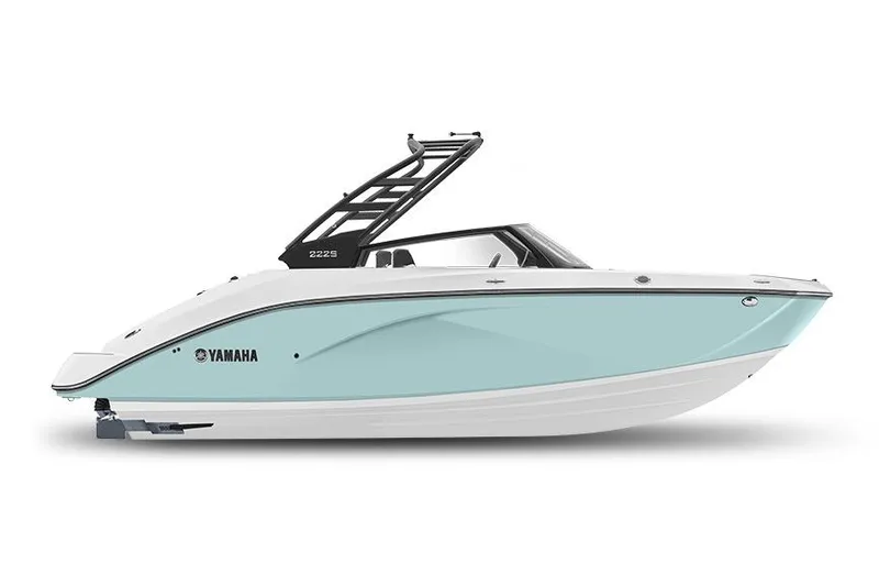 Slide: The Image of Manufacturer Provided Image: 2026 Yamaha Boats 222S, sleek design, light blue hull, modern features, side view. - 8