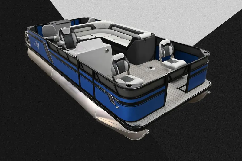 Slide: The Image of Manufacturer Provided Image: 2023 Viaggio Lago F pontoon boat with blue exterior and spacious seating. - 10