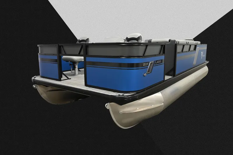 Slide: The Image of Manufacturer Provided Image: 2023 Viaggio Lago F pontoon boat with blue and black design. - 11