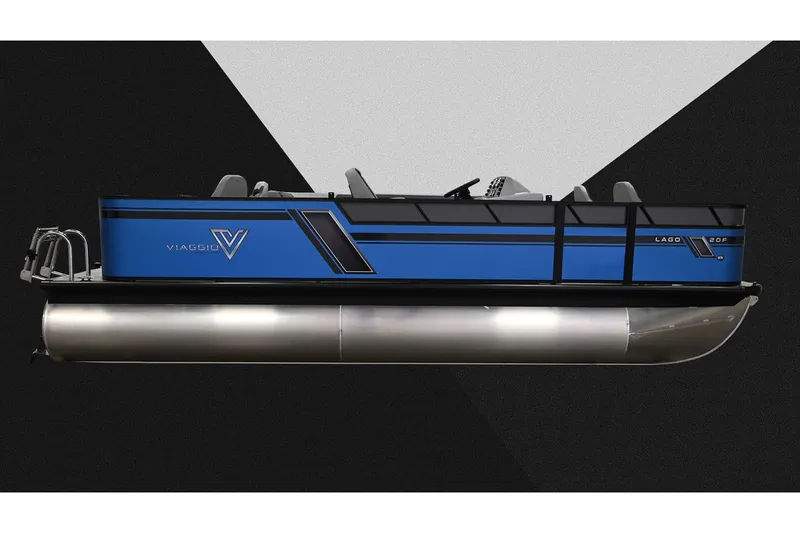 Slide: The Image of Manufacturer Provided Image: 2023 Viaggio Lago F pontoon boat, sleek blue design, side view. - 12