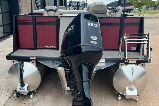 Slide: The Image of 2023 Viaggio Lago F pontoon boat with Suzuki 115 outboard motor, rear view. - 2