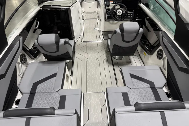 Slide: The Image of Luxurious interior of 2026 Yamaha Boats 222XD, featuring modern seating and sleek design. - 2