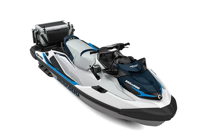 Slide: The Image of Manufacturer Provided Image: 2025 Sea-Doo FishPro Sport 170 jet ski, white and blue, with fishing equipment. - 16