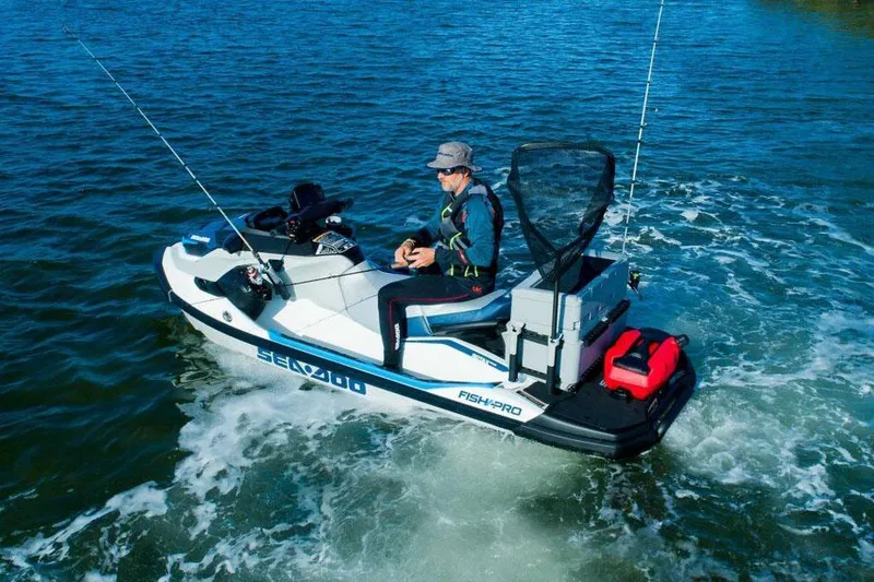 Slide: The Image of Manufacturer Provided Image: 2025 Sea-Doo FishPro Sport 170 on water, equipped for fishing adventure. - 17