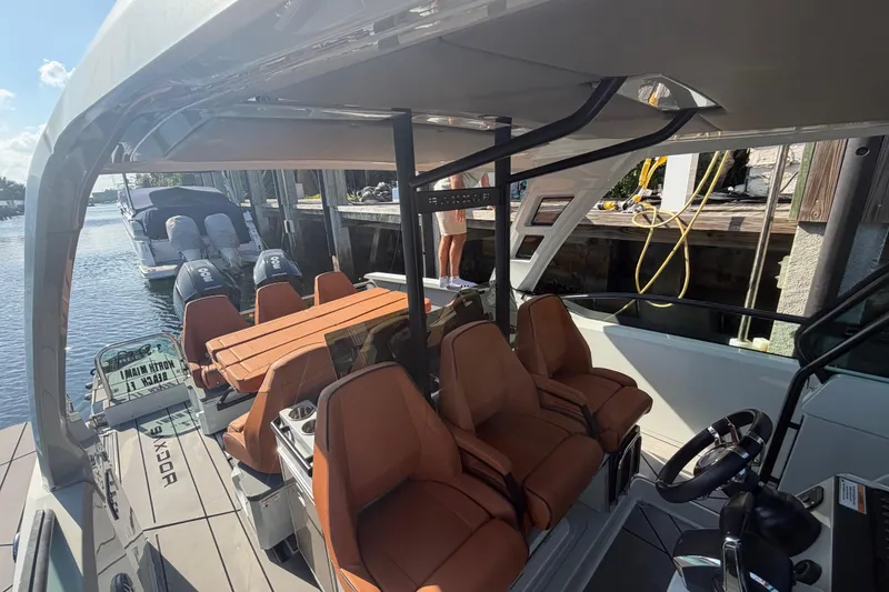Slide: The Image of 2024 Saxdor 320 GTO boat interior with leather seats and modern design at a dock. - 21