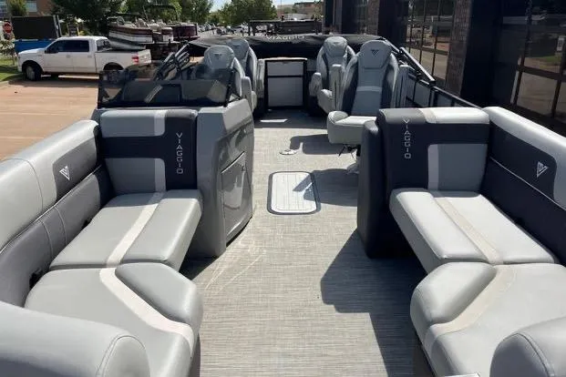 Slide: The Image of 2024 Viaggio Lago X 22 Q pontoon boat with spacious seating and modern design. - 5