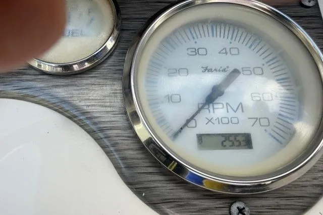 Slide: The Image of Close-up of 2021 Carolina Skiff 17 LS RPM gauge showing 2553 hours. - 13