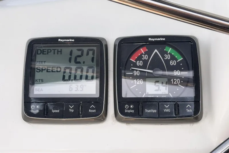 Slide: The Image of Raymarine instruments on Jeanneau Sun Odyssey 43, displaying depth and wind data. - 26