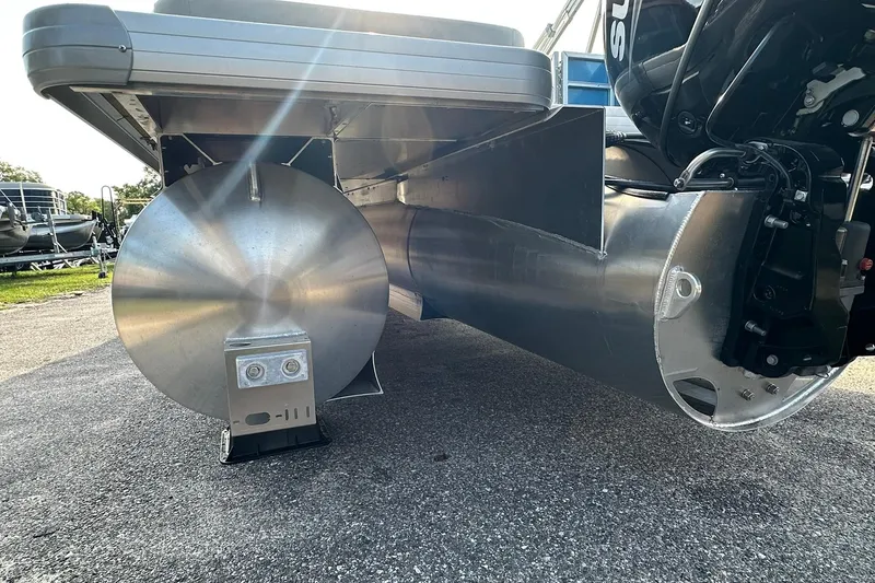 Slide: The Image of Underneath view of 2026 Sweetwater EX 2286 SFLX pontoon boat, showcasing aluminum pontoons. - 29