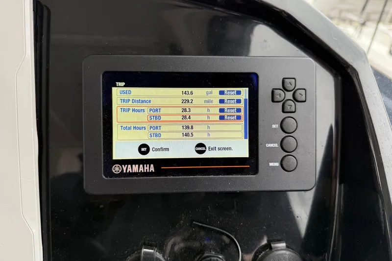 Slide: The Image of Yamaha display on 2020 Jeanneau NC 895 showing trip data and fuel usage. - 27