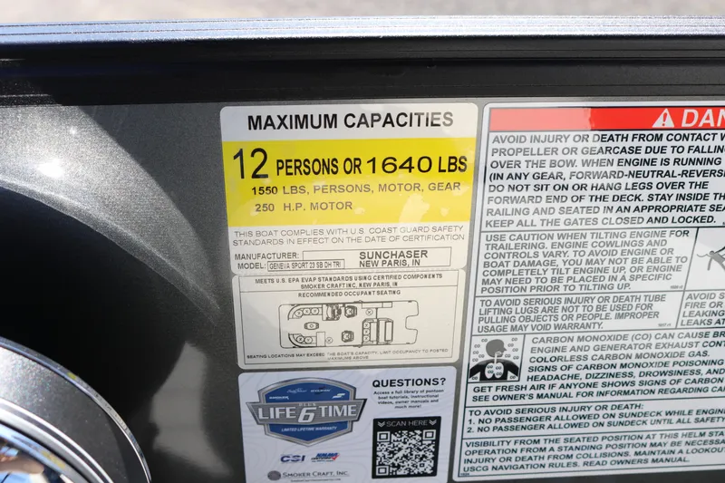 Slide: The Image of Safety label for SunChaser Geneva Sport 23 SB DH, 2025, maximum capacity 12 persons. - 26