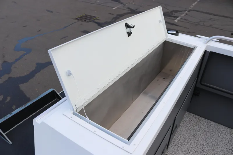 Slide: The Image of Interior view of 2026 Alumaweld Intruder Outboard 22 boat with gray seating. - 12