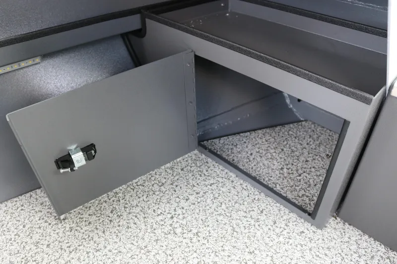 Slide: The Image of 2026 Alumaweld Intruder Outboard 22 interior seating, featuring sleek gray cushions. - 25