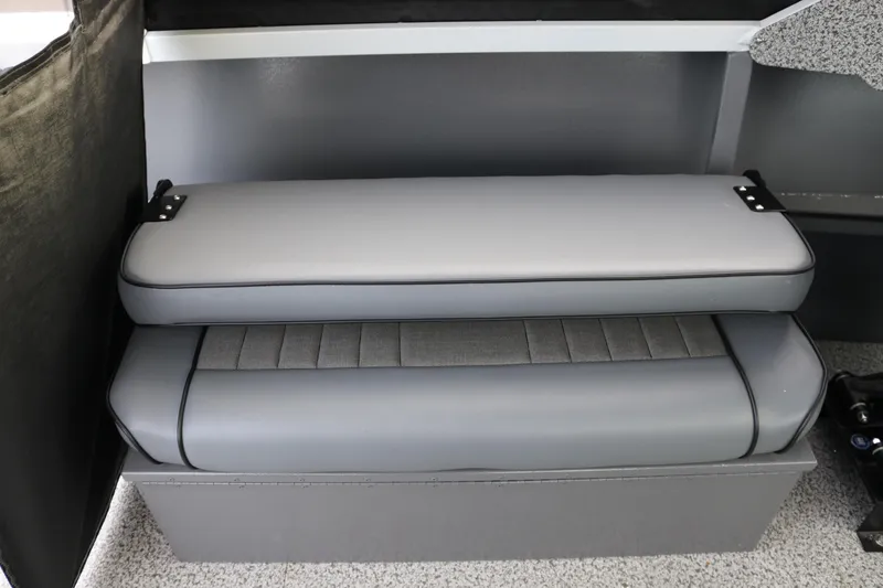 Slide: The Image of 2026 Alumaweld Intruder Outboard 22 interior seating, featuring sleek gray cushions. - 28