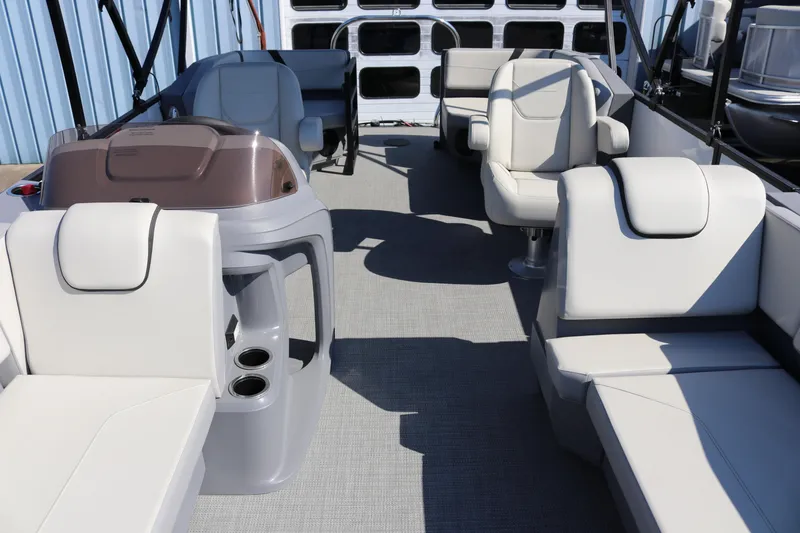 Slide: The Image of Interior of 2025 SunChaser Lucerne 20 LR DH pontoon boat with plush seating. - 16