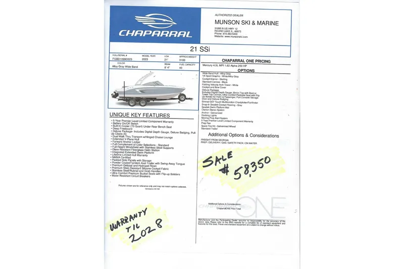 The Image of 2023 Chaparral 21 SSi boat features and pricing details, sale price $58,350. - 0