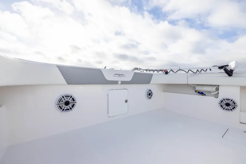 Slide: The Image of 2024 Invincible 35 Catamaran deck with speakers and storage compartments under a cloudy sky. - 13