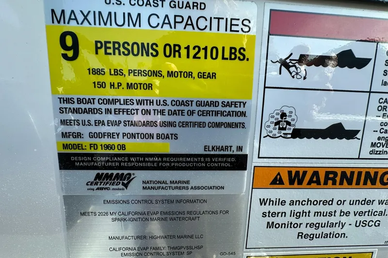 Slide: The Image of 2026 Hurricane FunDeck 1960 REF OB capacity label: 9 persons, 1210 lbs, 150 HP motor. - 21